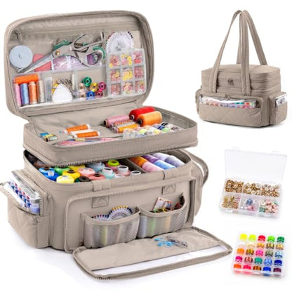 AMOIGEE Puffy Double-Layer Sewing Storage Bag with 2 Clear Organizer Boxes - color: Greige