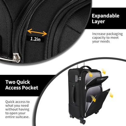 WireHot 3-Piece Softside Expandable Luggage Set, Black, 20in/24in/28in - color: Black