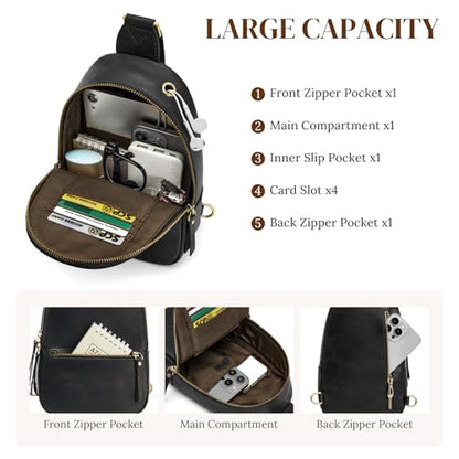 S-ZONE Leather Sling Bags for Women Men Fanny Packs Chest Bag RFID Blocking - color: Black