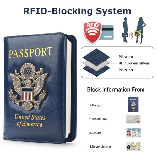 Premium Passport Holder for Travel RFID Blocking Passport Cover Slim - color: Blue