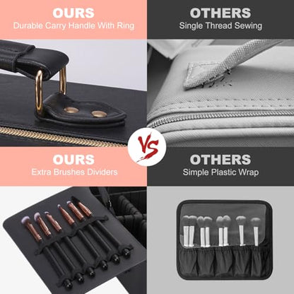 Mocado Travel Makeup Bag with Mirror Makeup Case with Brushes Dividers - color: Black with Hard Leather