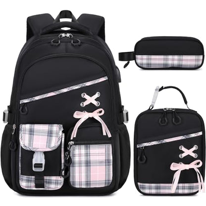 DIGOBAY Backpacks for Girls 3PCS School Backpack Lunch Box Pencil Pouch - color: Blackpink