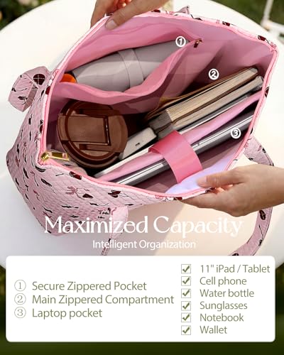 Miss Adola Quilted Shoulder Tote Bag with Zipper for Women - color: Cherry Bow
