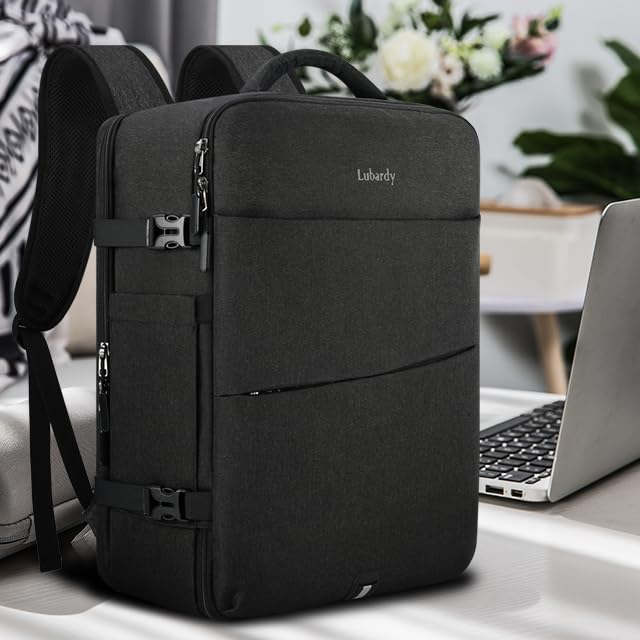 Lubardy Travel Backpack for Men Women 40L Flight Approved Carry on Backpack - color: Black(backpack With 3 Packing Cubes)