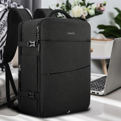 Lubardy Travel Backpack for Men Women 40L Flight Approved Carry on Backpack - color: Black(backpack With 3 Packing Cubes)