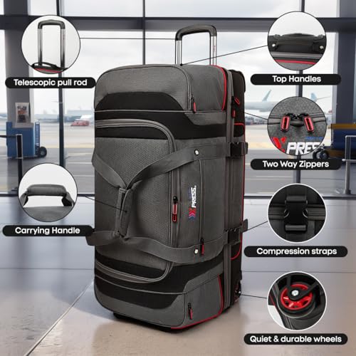 30" Expandable Rolling Duffle Bag w/Wheels and Handle | Extra Large Capacity, 2-Layer Space,Multiple Pockets, Travel Duffle Bag for Men Wome,TBL-074,Grey Red - color: Grey Red