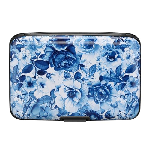 ELFISH RFID Aluminum Wallet Credit Card Protector Case Holder for Men Women - color: Blue and White Peony