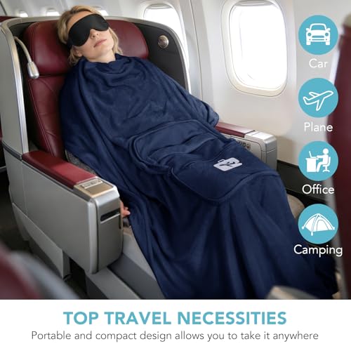 SINLAND Travel Pillow and Blanket 2-in-1 Set, Navy Blue, 60x50 Inch | Plane Packable , Soft Warm and Lightweight Flannel, Hand Luggage Sleeve and Backpack Clip, Plane Flight Car Trips - color: Navy Blue