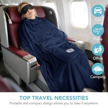 SINLAND Travel Pillow and Blanket 2-in-1 Set, Navy Blue, 60x50 Inch | Plane Packable , Soft Warm and Lightweight Flannel, Hand Luggage Sleeve and Backpack Clip, Plane Flight Car Trips - color: Navy Blue