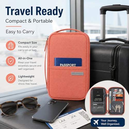 Travel Document Organizer with RFID, Family Passport Holder, Wallet for Women & Men, Portable & Waterproof Case for Cards, Boarding Pass, Tickets with Zipper ﻿