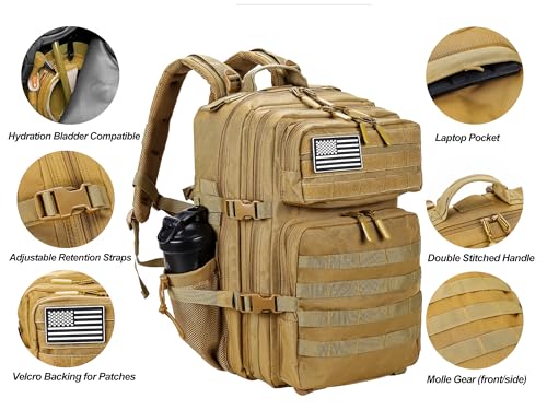 LHI Military Tactical Backpack for Men and Women 45L Army 3 Days Assault Pack Bag Large Rucksack with Molle System Khaki - color: Khaki