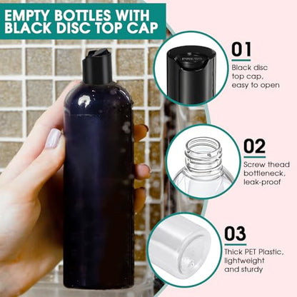 6Pcs 16 oz Clear Plastic Refillable Travel Bottles with Black Disc Top Caps - size: 16oz-6 Packs