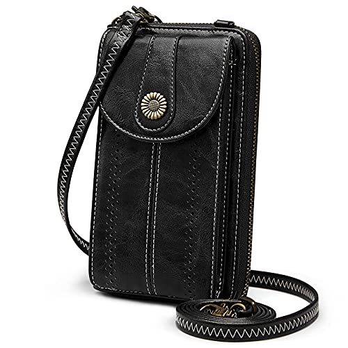 S-ZONE Women RFID Blocking Crossbody Cell Phone Purse PU Leather Wallet - color: Black