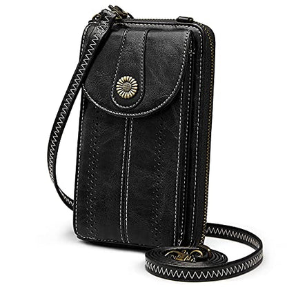 S-ZONE Women RFID Blocking Crossbody Cell Phone Purse PU Leather Wallet - color: Black