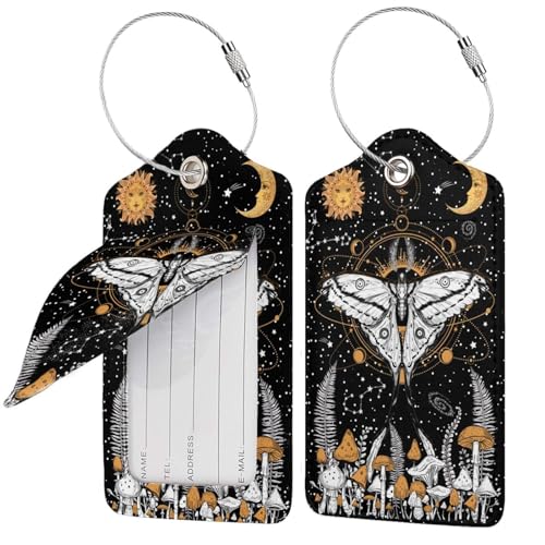 Mushrooms Moth Moon Star 2 Pack Luggage Tags, Unique Leather Suitcase Tags Identifiers with Privacy Name Address Labels & Durable Steel Loop