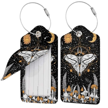 Mushrooms Moth Moon Star 2 Pack Luggage Tags, Unique Leather Suitcase Tags Identifiers with Privacy Name Address Labels & Durable Steel Loop