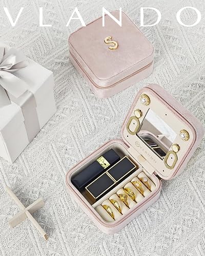 VLANDO Small Jewelry Travel Case, Letter E Case with Compact Mirror - color: Pink, size: Letter E