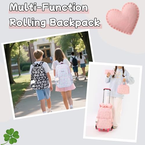 Bansusu 3Pcs Kids Rolling Backpack for Girls with Lunch Bag, Lucky Leaf School Bag Girls Roller Backpack with 6 Wheels, Blue - color: 3pcs-6 Wheels-blue
