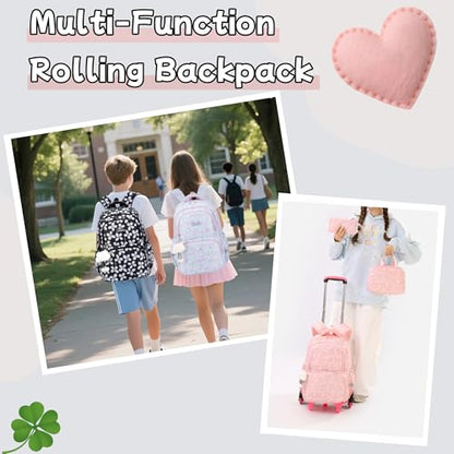 Bansusu 3Pcs Kids Rolling Backpack for Girls with Lunch Bag, Lucky Leaf School Bag Girls Roller Backpack with 6 Wheels, Blue - color: 3pcs-6 Wheels-blue