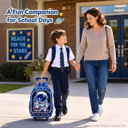 AGSDON 3PCS Rolling Backpack for Girls Boys, Kids Roller Wheels Bookbag, Wheeled School Bag with Lunch Bag - color: Rolling Astronaut Rocket Blue