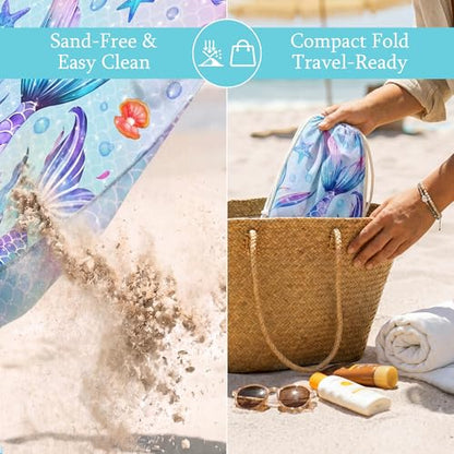 Mermaid Beach Blanket, Large 79" x 83" Sandproof Water-Resistant Beach Mat - color: Mermaid