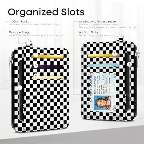 Black and White Checkered Credit Card Holder Small Wallet for Women - color: Checkered Pattern Black and White