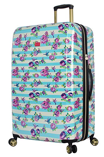 Betsey Johnson 30 Inch Checked Luggage Collection - Expandable Scratch Resistant (ABS + PC) Hardside Suitcase - Designer Lightweight Bag with 8-Rolling Spinner Wheels - color: Stripe Floral Hummingbird