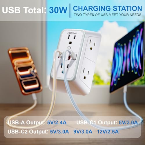 JcBlaon Surge Protector Outlet Extender 6 Outlet Extender with 4 USB Ports (PD 30W), 3 Sided 1050J Multi Plug Wall Adapter Power Strip for Home Travel Office Essentials-ETL - color: White PD30W 1 Pack