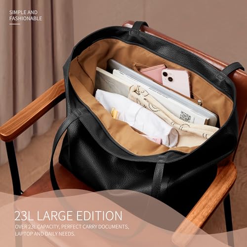 KALIDI Large Tote Bag Vegan Leather 16L Casual Zipper Work Weekender - color: Black