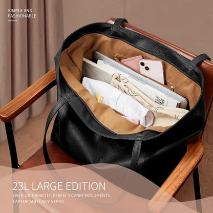 KALIDI Large Tote Bag Vegan Leather 16L Casual Zipper Work Weekender - color: Black