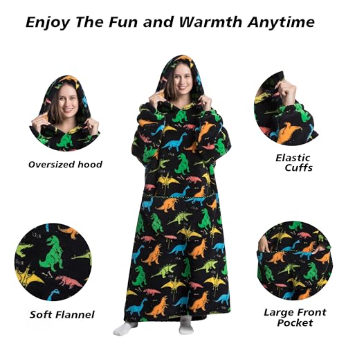 Capecage Long Wearable Blanket Hoodie with Big Pocket,Gift for Women or Men - color: Dinosaur