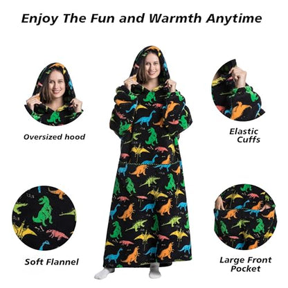 Capecage Long Wearable Blanket Hoodie with Big Pocket,Gift for Women or Men - color: Dinosaur