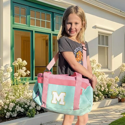 Initial Kids Duffle Bag for Boys or Girls, Kids Overnight Bag with Shoe Compartment, Personalized Weekender bags, Birthday Gifts for Women Boys Girls(Pink Green-Letter M) - color: Pink Green, style: M