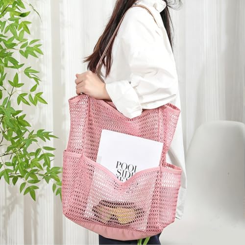 Large Beach Bags for Women, Mesh Beach Tote with Zipper, Foldable Pool Tote Bag Travel Beachbag Waterproof Sandproof - color: Pink - More Pockets