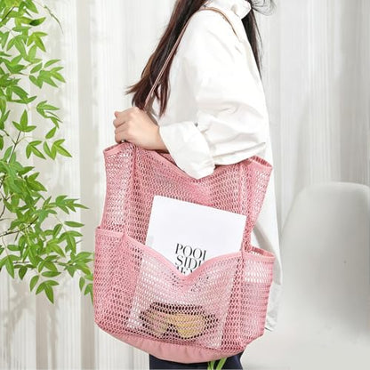 Large Beach Bags for Women, Mesh Beach Tote with Zipper, Foldable Pool Tote Bag Travel Beachbag Waterproof Sandproof - color: Pink - More Pockets
