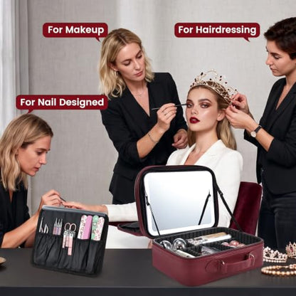 Makeup Bag with LED Lighted Mirror 12.2 IN Cosmetic Train Case Double Layer - color: 12.2 Inch Red