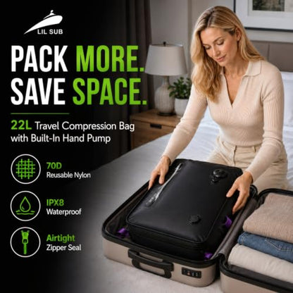 LIL SUB Travel Vacuum Compression Bag, 2-Way Packing Bag with Built-In Hand Pump and External Pump Port, IPX8 Waterproof 70D Nylon, IP68 Airtight Zipper, 22L Space Gray, 1 Pack - color: 22L Black - 1PC Built-In Hand Pump