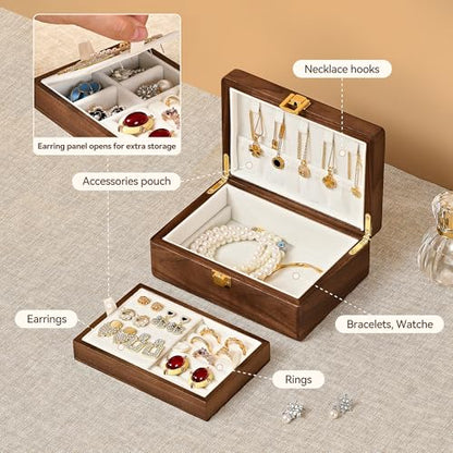 Black Walnut Wooden Jewelry Box, Small 2 Layer Travel Jewelry Case - color: 2-Layer
