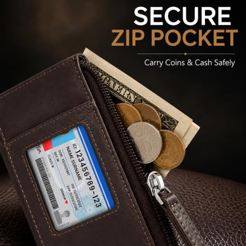 Leatherboss Genuine Leather Women's All in One Credit Business Card Case Holder Slim Zipper Wallet With a Card Protection Strap, Brown - color: Brown