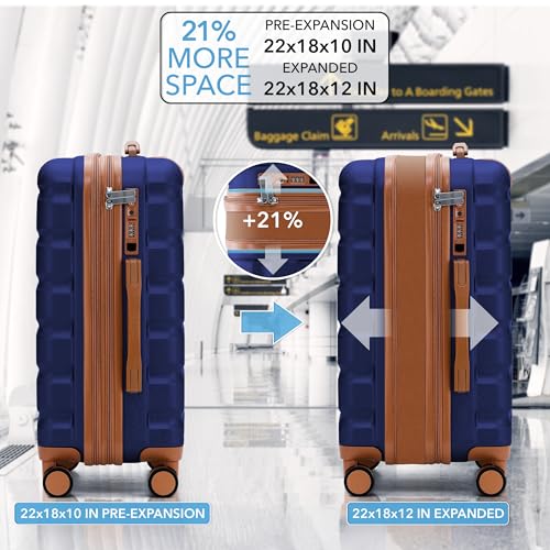 Flight Knight 22x18x10 Expandable Carry On Suitcase Hardside TSA Lock & USB C Port Lightweight Luggage Silent Double Spinner Wheels Maximum Spirit Overhead Carry-On Bag Airlines Approved Black/Tan - color: Navy/Tan, size: 22x18x10"