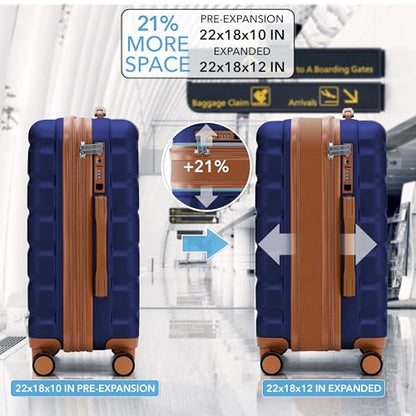 Flight Knight 22x18x10 Expandable Carry On Suitcase Hardside TSA Lock & USB C Port Lightweight Luggage Silent Double Spinner Wheels Maximum Spirit Overhead Carry-On Bag Airlines Approved Black/Tan - color: Navy/Tan, size: 22x18x10"