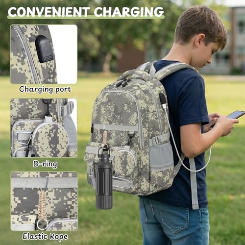 School Backpack for Boys - 5pcs Camo Boys Backpack with Lunch Box Set for Kids Teens Elementary Middle High School,18″ Large Capacity Students Bookbag - color: Gray-backpack Set