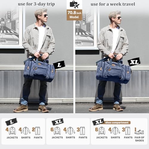 Gonex Canvas Duffle Bag, Expandable 60L Travel Overnight Weekender Bag - color: Blue, size: X-Large-60L (Without Shoe Compartment)