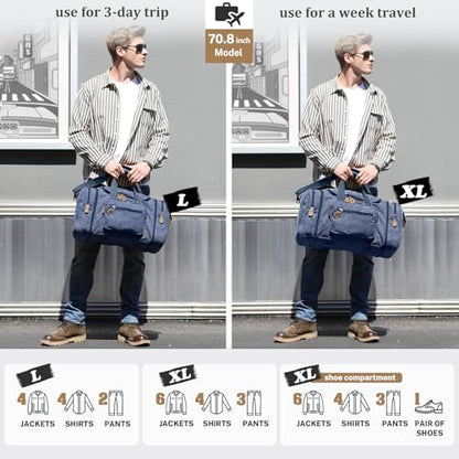 Gonex Canvas Duffle Bag, Expandable 50L Travel Overnight Weekender Bag - color: Blue, size: Large-50L (Without Shoe Compartment)