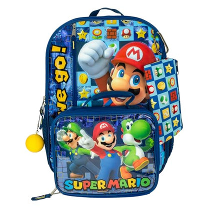 AI ACCESSORY INNOVATIONS Super Mario Brothers 5 PC Backpack Set, Girls & Boys School Bag 16” with Front Zip Pocket, Blue - color: Navy Mario