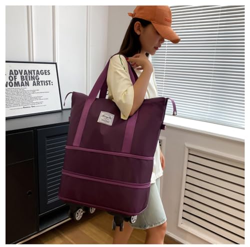 Travel Tote Bag with Trolley Sleeve Expandable Extra Duffel Bag with Wheels Lightweight Traveling Foldable Suitcase - color: Purplish Red