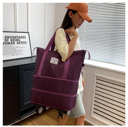 Travel Tote Bag with Trolley Sleeve Expandable Extra Duffel Bag with Wheels Lightweight Traveling Foldable Suitcase - color: Purplish Red