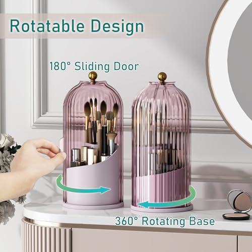 GAXmi Makeup Brush Holder with Lid Rotating Cosmetic Organizer, Pink-Purple - color: Pink-Purple