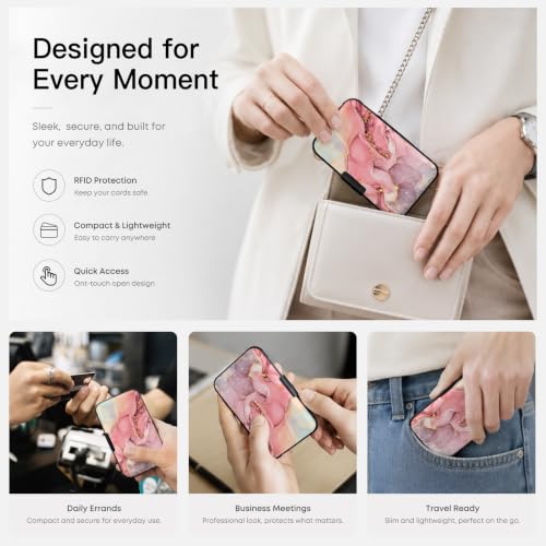 RFID Aluminum Card Wallet Marble Credit Card Holder Mini Business Card Case - color: Pink Marble