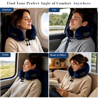 Memory Foam Neck Pillow for Travel, Airplane Pillow, Navy Blue - color: Navy Blue